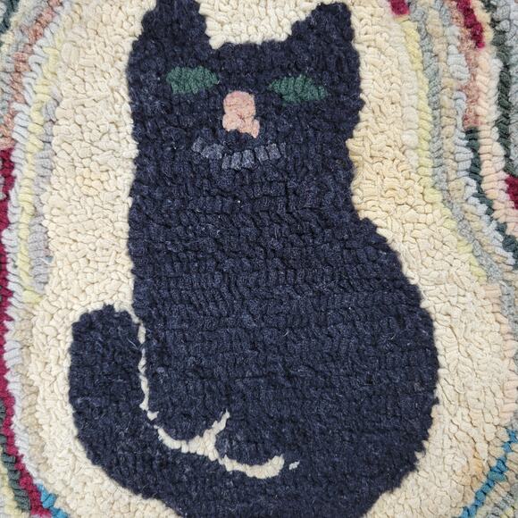 VTG Black Cat Fays Garret Seat Cushion Rug Round Hand Hook Loop Signed Folk Art - Picture 4 of 16